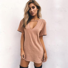 Load image into Gallery viewer, 2018 New Summer explosions solid color loose short-sleeved V-neck hanging neck hollow sexy Mini dress--92--