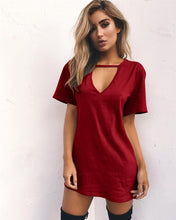 Load image into Gallery viewer, 2018 New Summer explosions solid color loose short-sleeved V-neck hanging neck hollow sexy Mini dress--92--